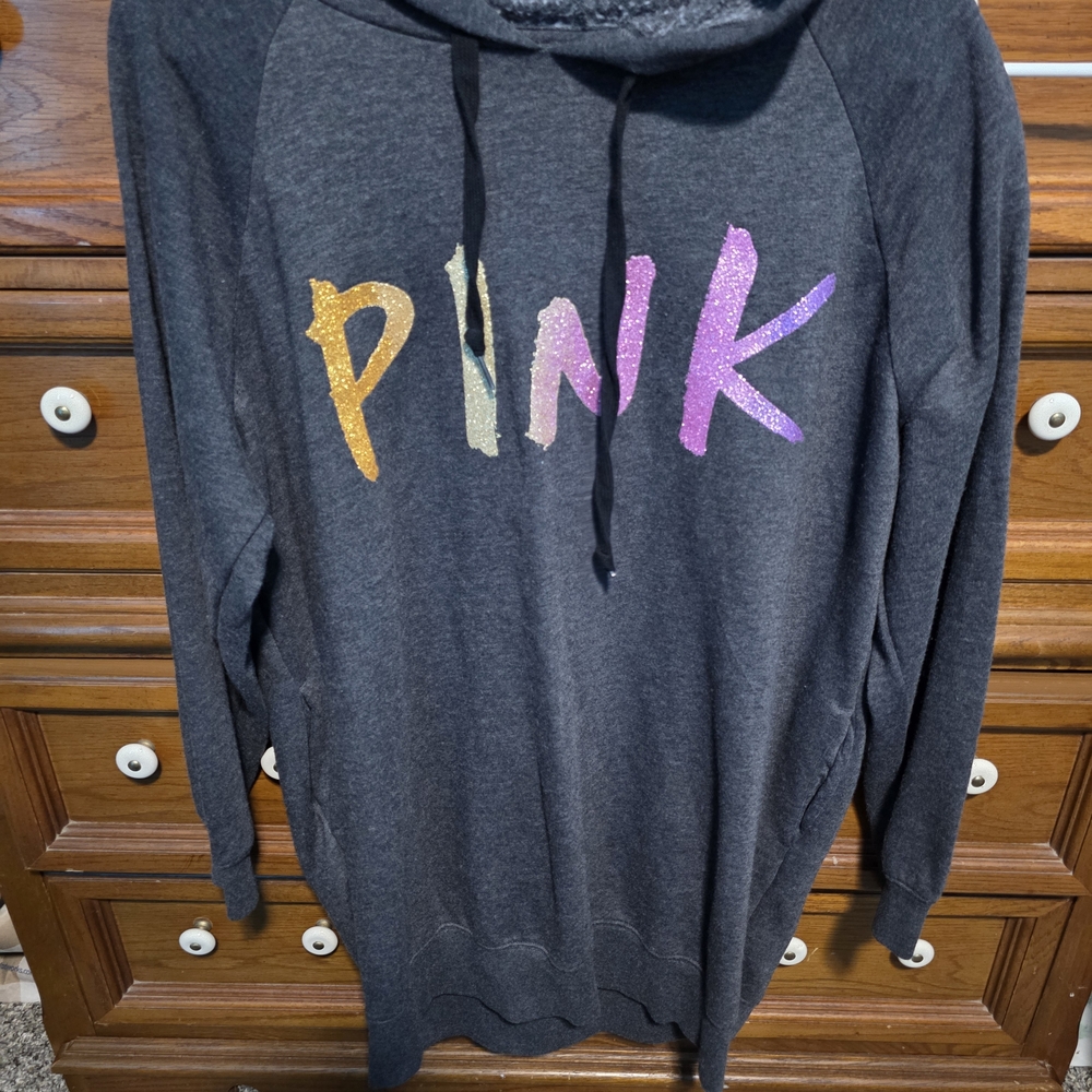 PINK Victoria's Secret Dark Gray Hoodie with Multicolor Logo